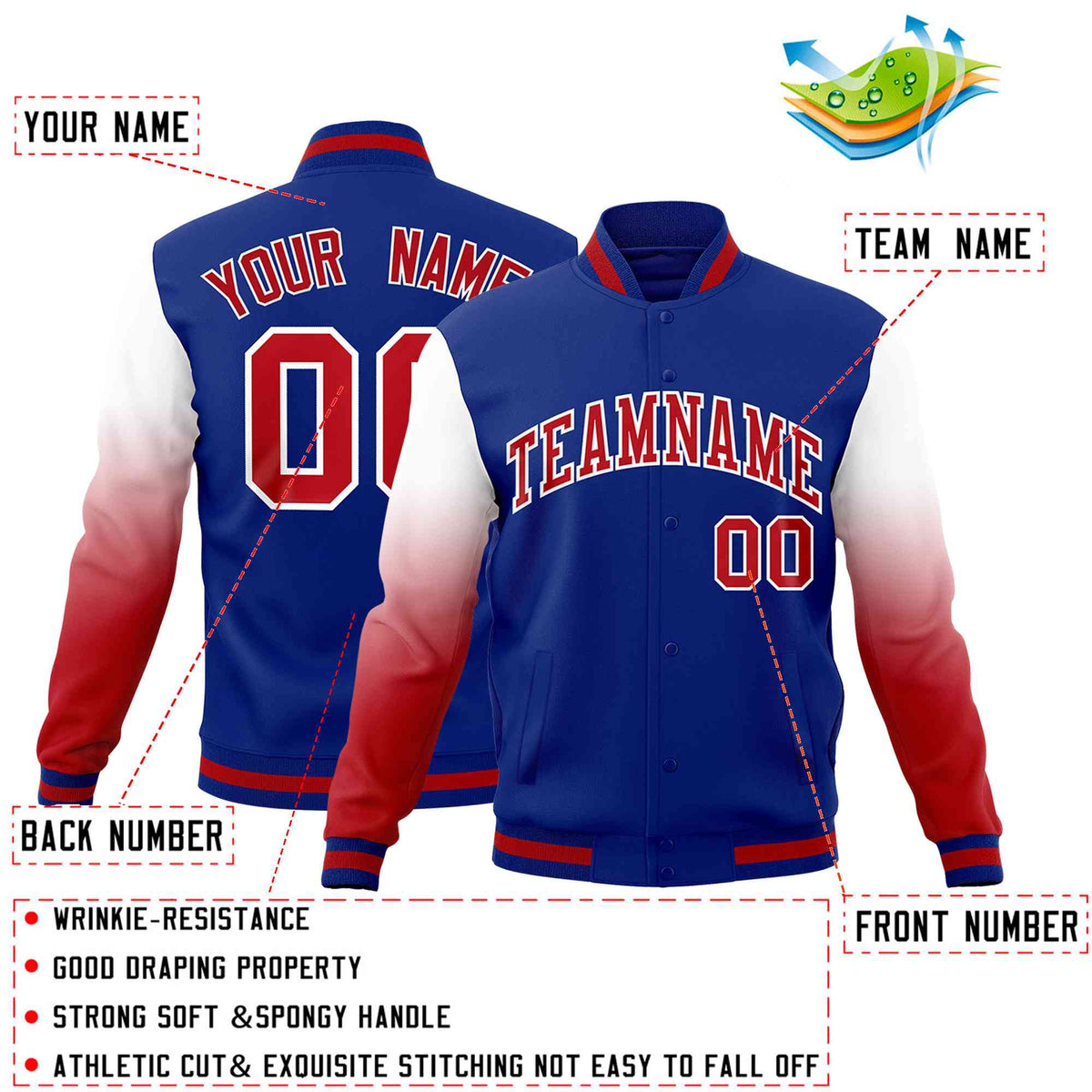 Custom Royal Blue White Red Full-Snap Varsity Raglan Sleeves Gradient Letterman Jacket