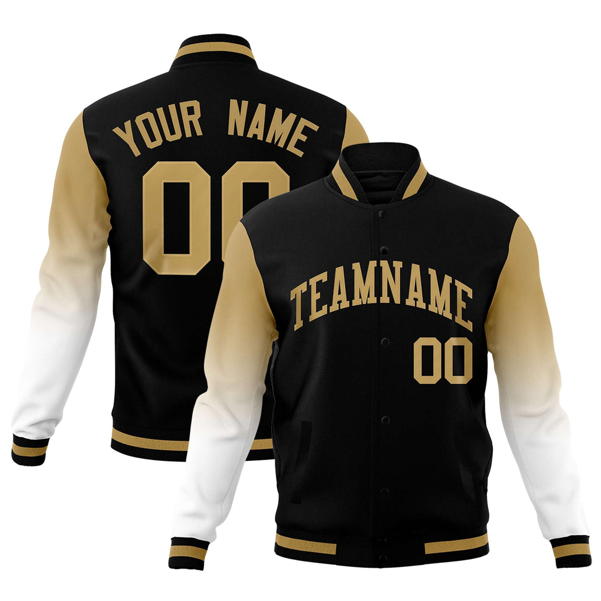 Custom Black White Old Gold Full-Snap Varsity Raglan Sleeves Gradient Letterman Jacket