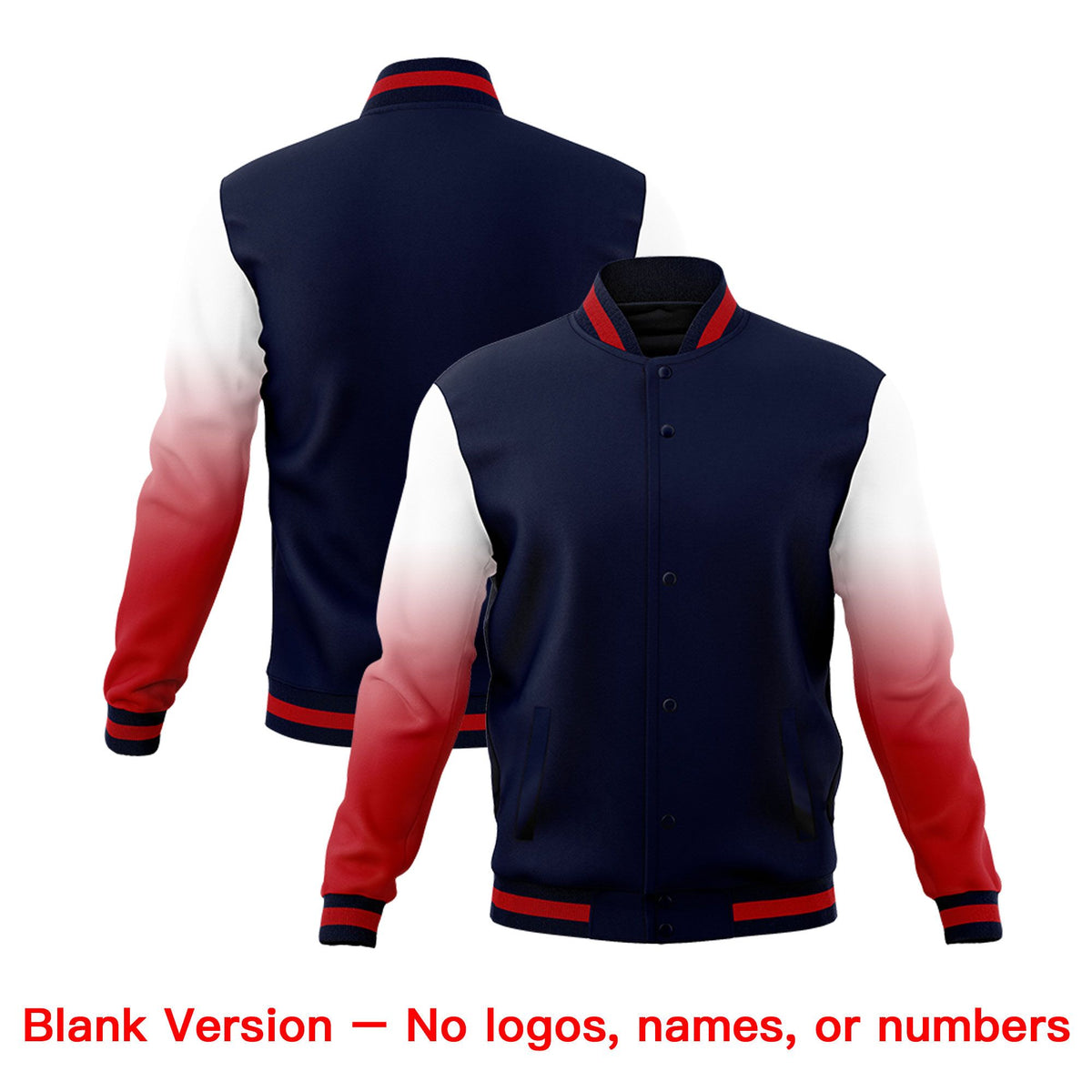 Custom Navy Red White Full-Snap Varsity Raglan Sleeves Gradient Letterman Jacket