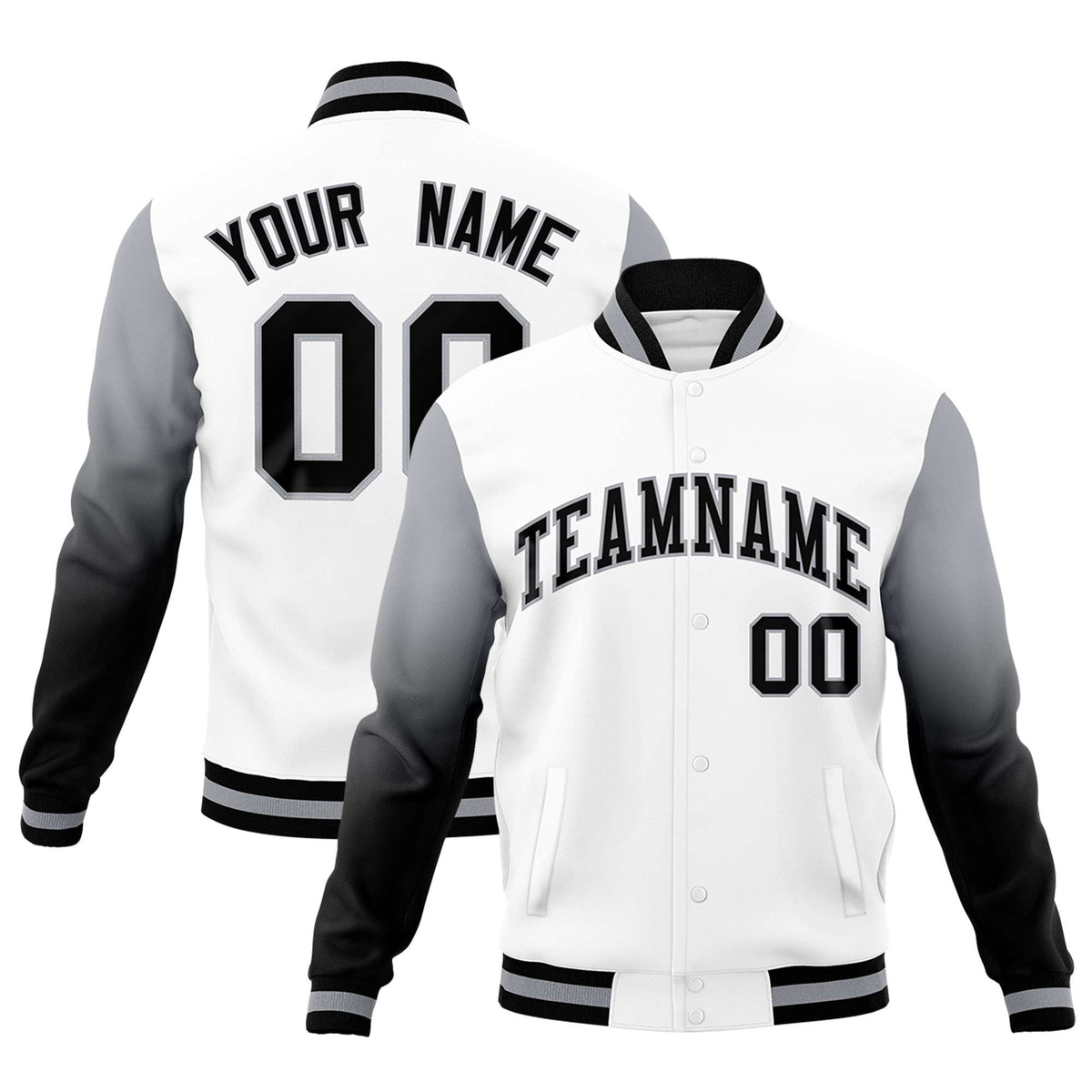Custom White Black Gray Full-Snap Varsity Raglan Sleeves Gradient Letterman Jacket
