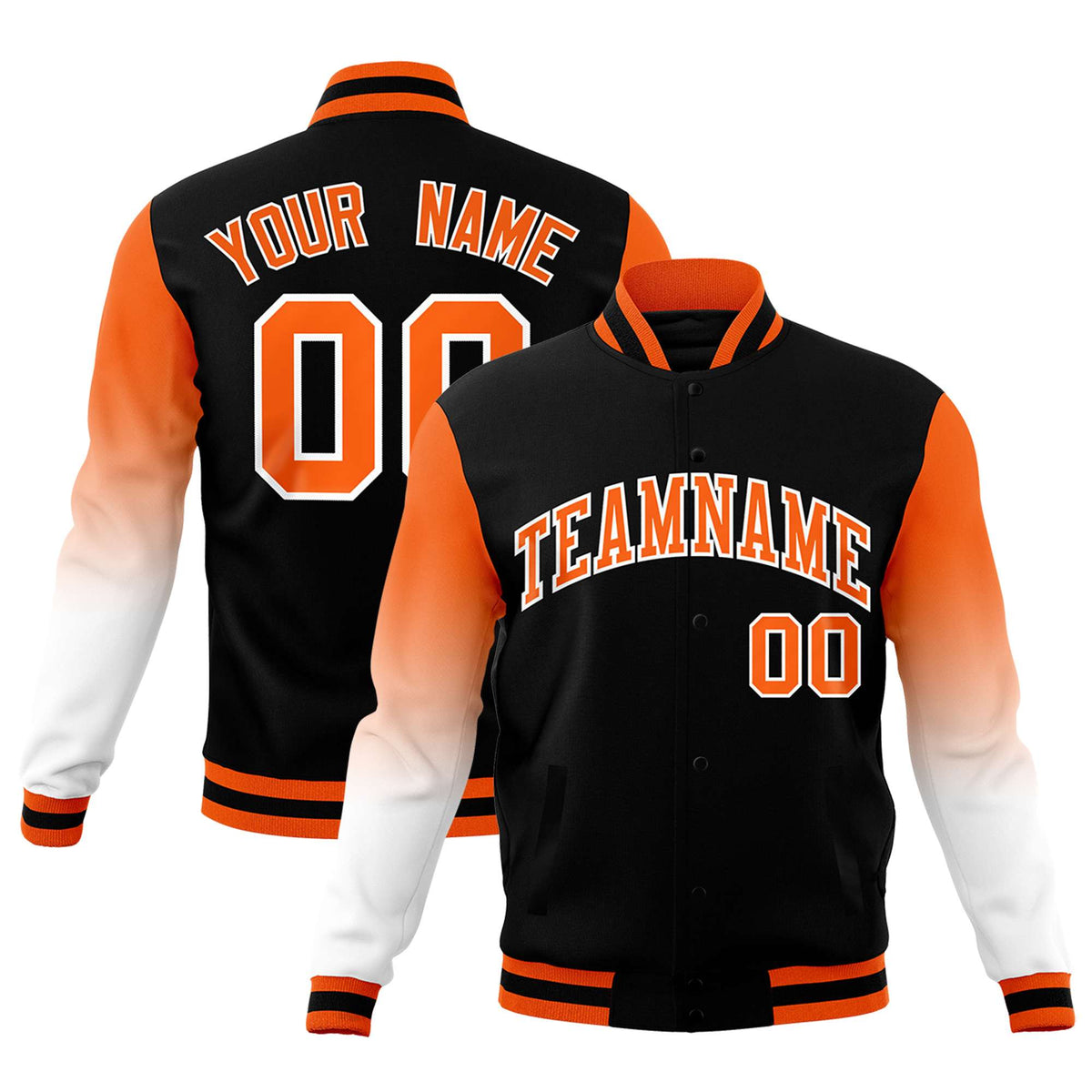 Custom Black Orange White Full-Snap Varsity Raglan Sleeves Gradient Letterman Jacket