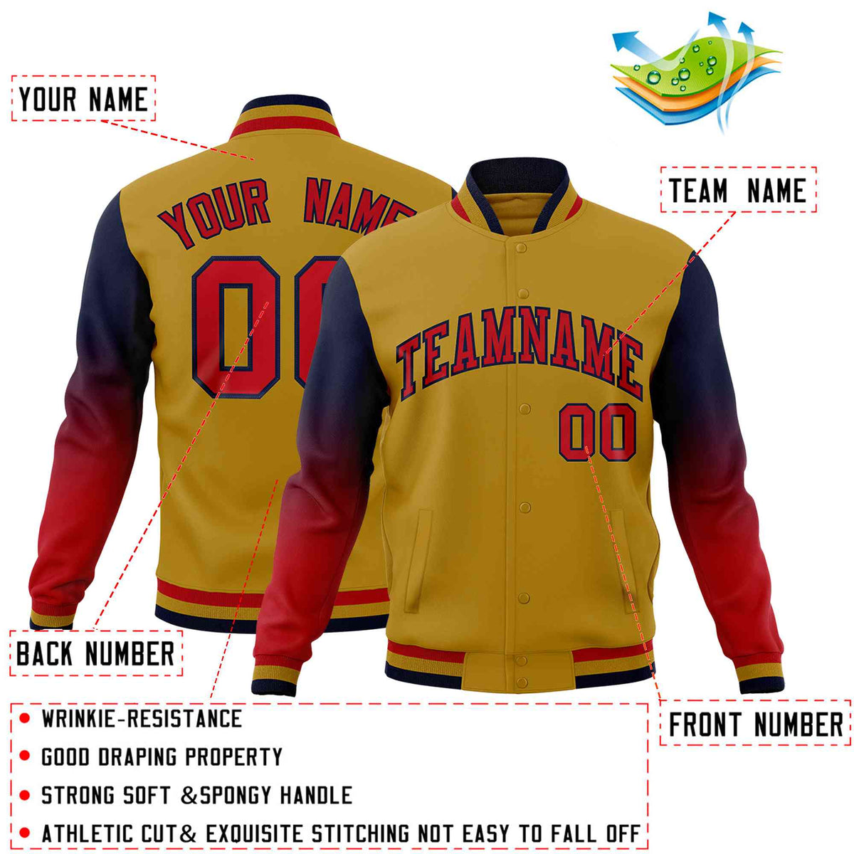 Custom Old Gold Red Navy Full-Snap Varsity Raglan Sleeves Gradient Letterman Jacket
