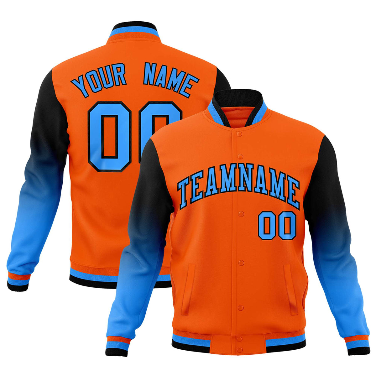 Custom Orange Powder Blue Black Full-Snap Varsity Raglan Sleeves Gradient Letterman Jacket