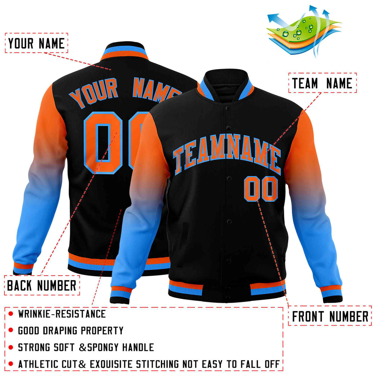 Custom Black Orange Powder Blue Full-Snap Varsity Raglan Sleeves Gradient Letterman Jacket