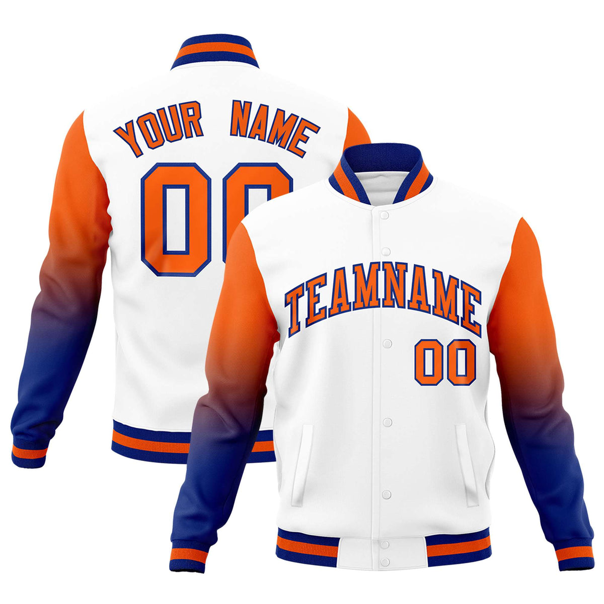 Custom White Orange Royal Blue Full-Snap Varsity Raglan Sleeves Gradient Letterman Jacket