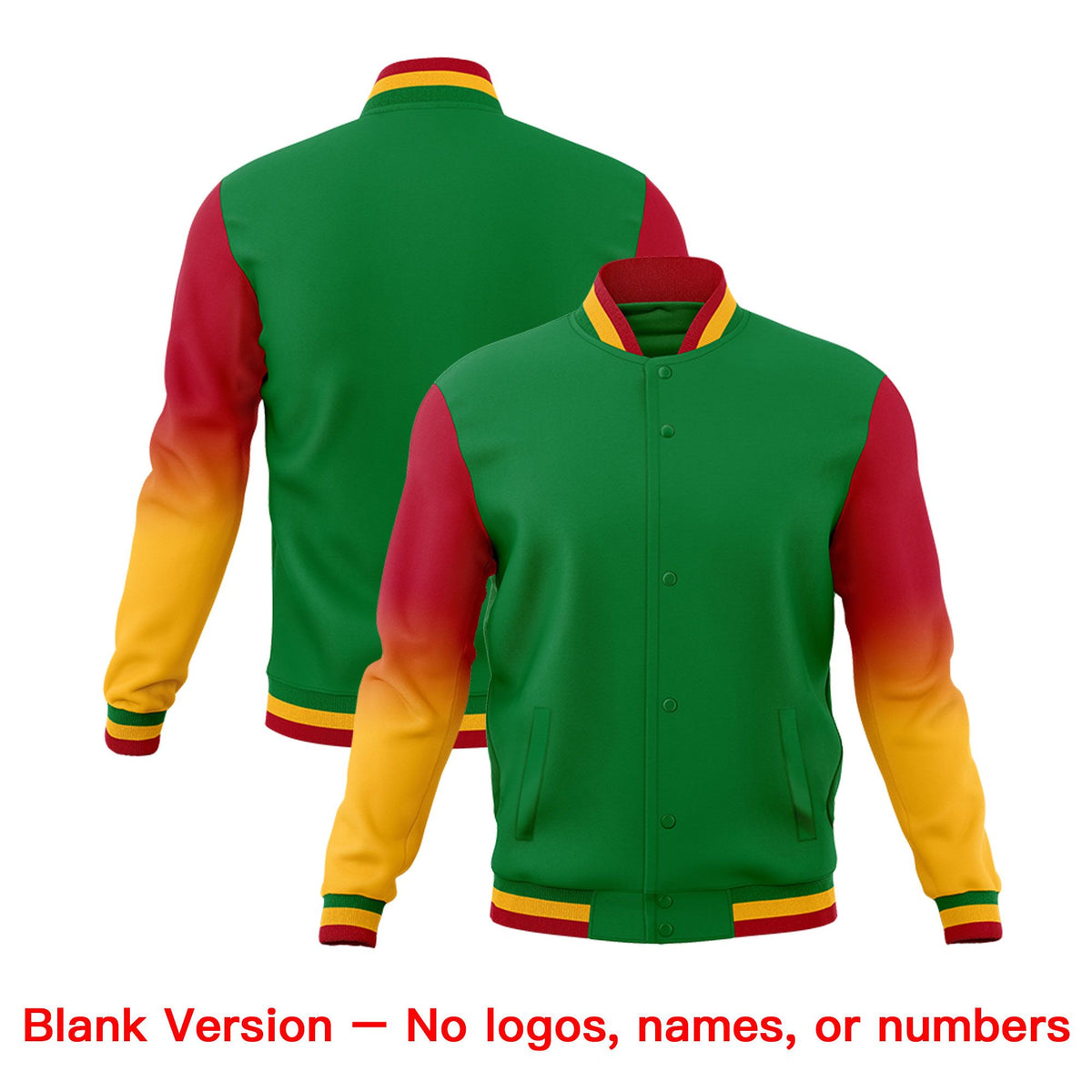 Custom Kelly Green Gold White Full-Snap Varsity Raglan Sleeves Gradient Letterman Jacket