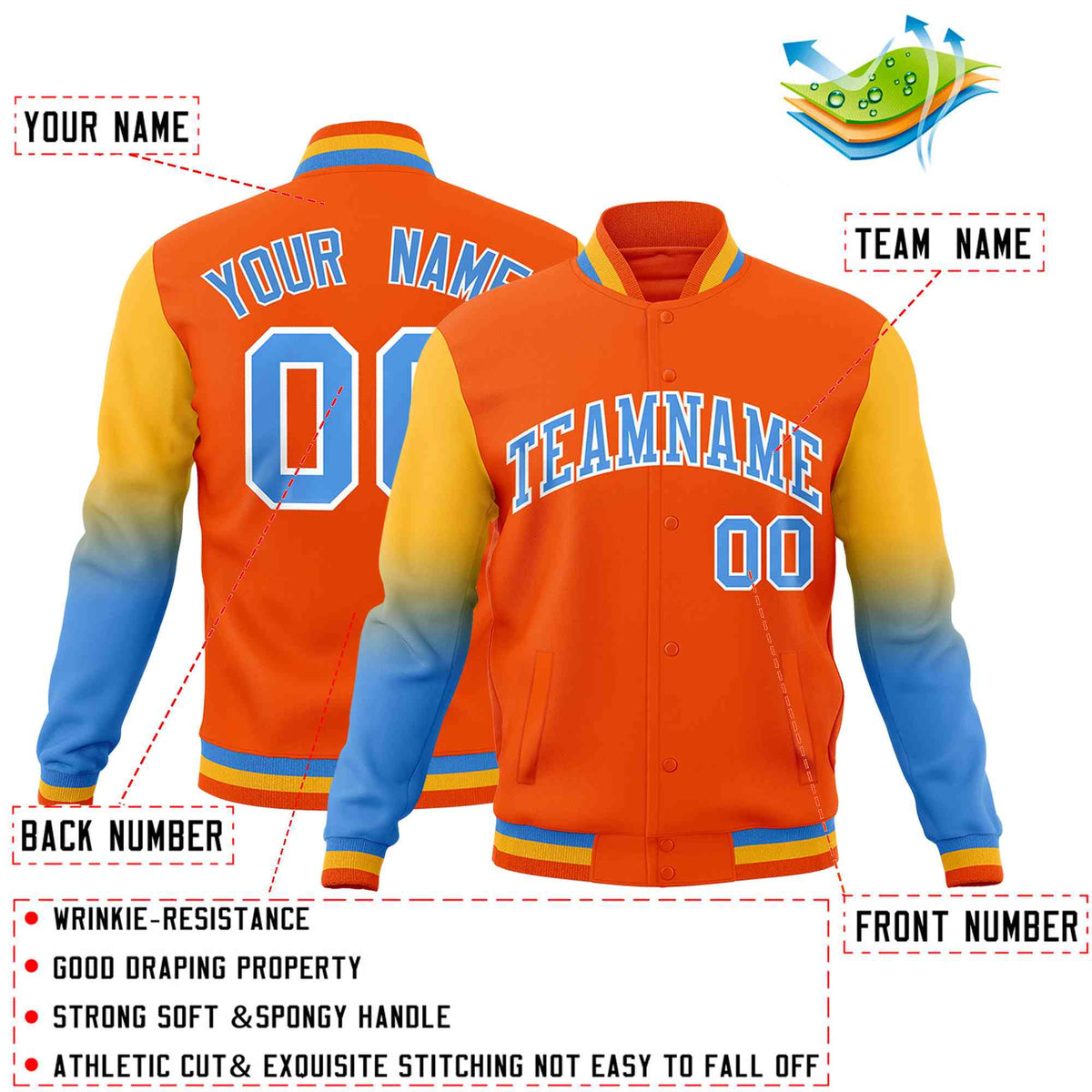 Custom Orange Powder Blue White Full-Snap Varsity Raglan Sleeves Gradient Letterman Jacket