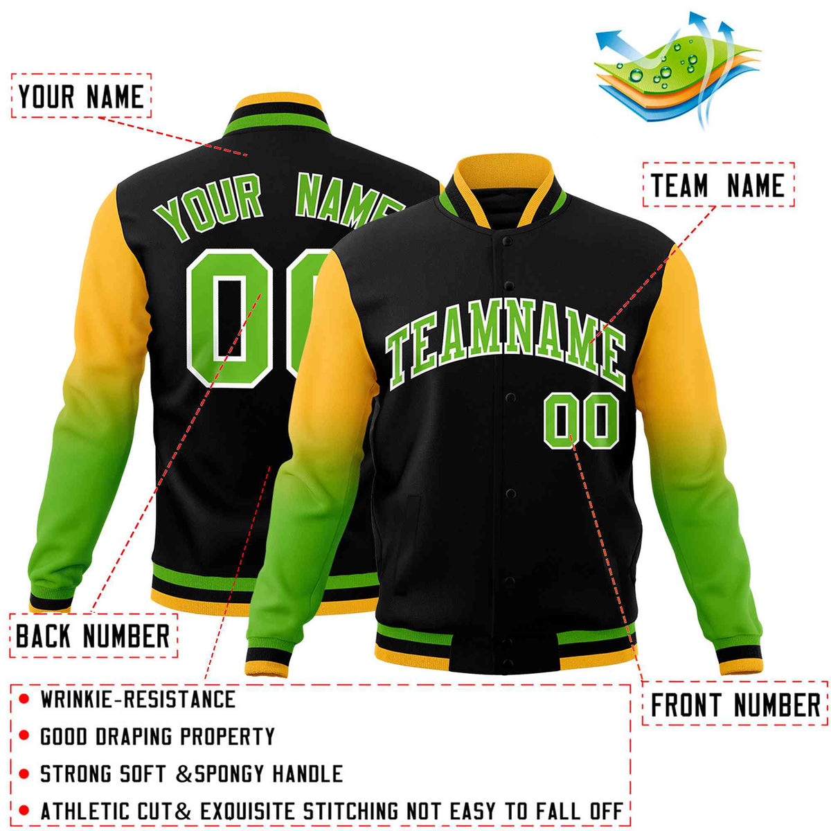 Custom Black Green White Full-Snap Varsity Raglan Sleeves Gradient Letterman Jacket
