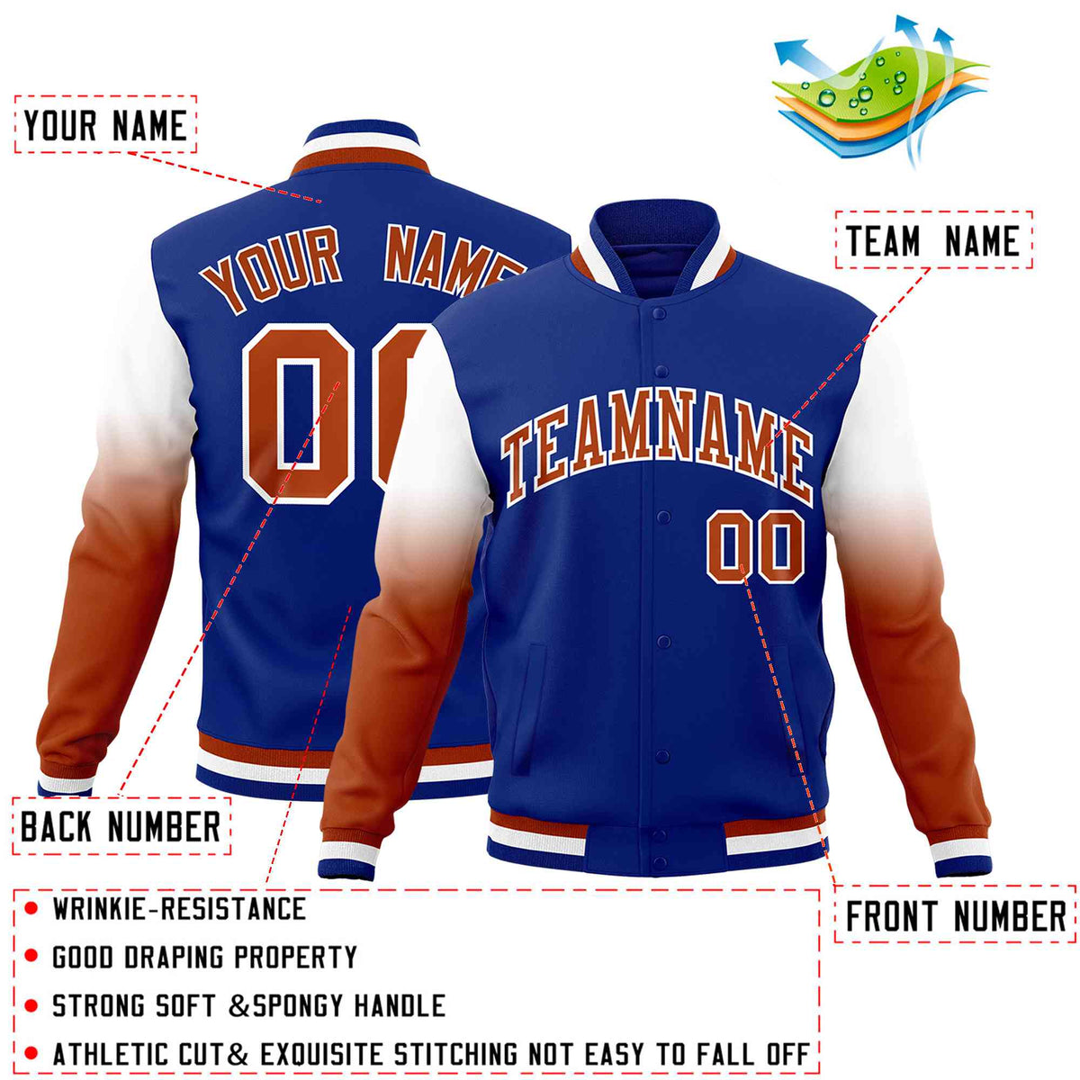 Custom Royal Blue Dark Orange White Full-Snap Varsity Raglan Sleeves Gradient Letterman Jacket