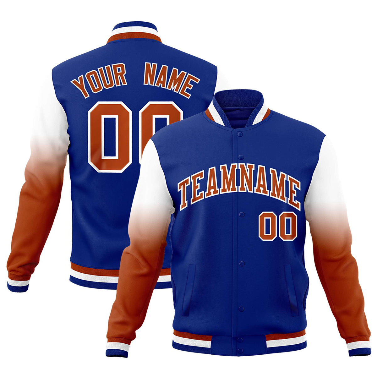 Custom Royal Blue Dark Orange White Full-Snap Varsity Raglan Sleeves Gradient Letterman Jacket
