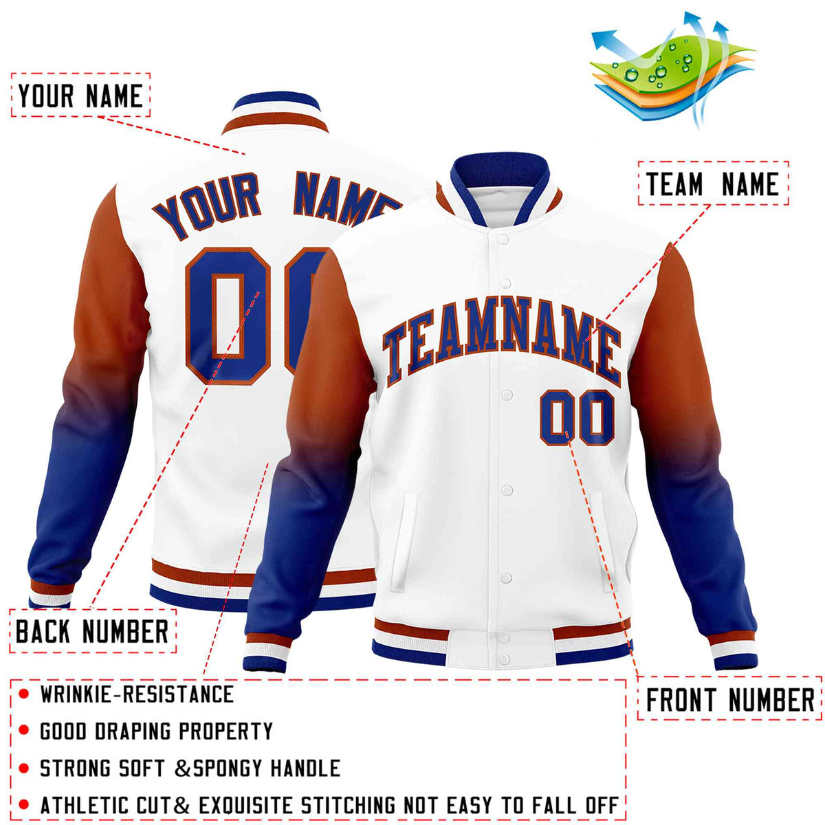 Custom White Royal Blue Dark Orange Full-Snap Varsity Raglan Sleeves Gradient Letterman Jacket