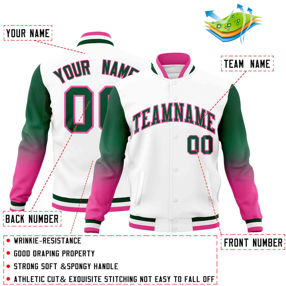 Custom White Green Pink Full-Snap Varsity Raglan Sleeves Gradient Letterman Jacket