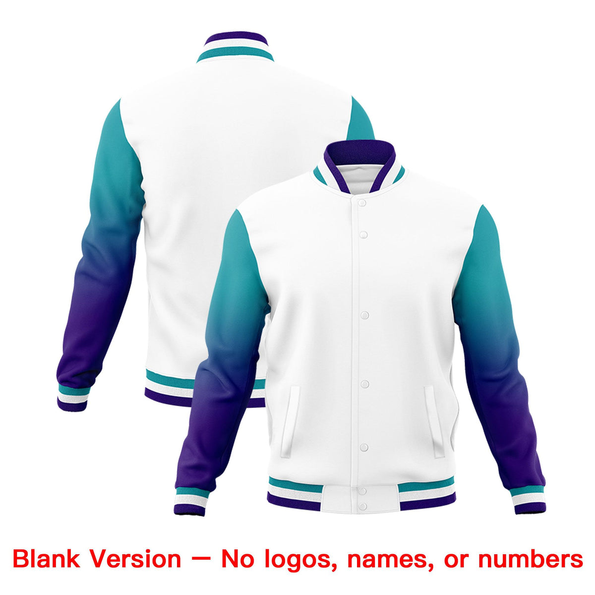 Custom White Aqua Purple Full-Snap Varsity Raglan Sleeves Gradient Letterman Jacket