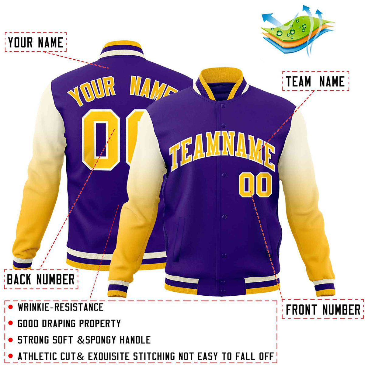 Custom Purple Gold White Full-Snap Varsity Raglan Sleeves Gradient Letterman Jacket