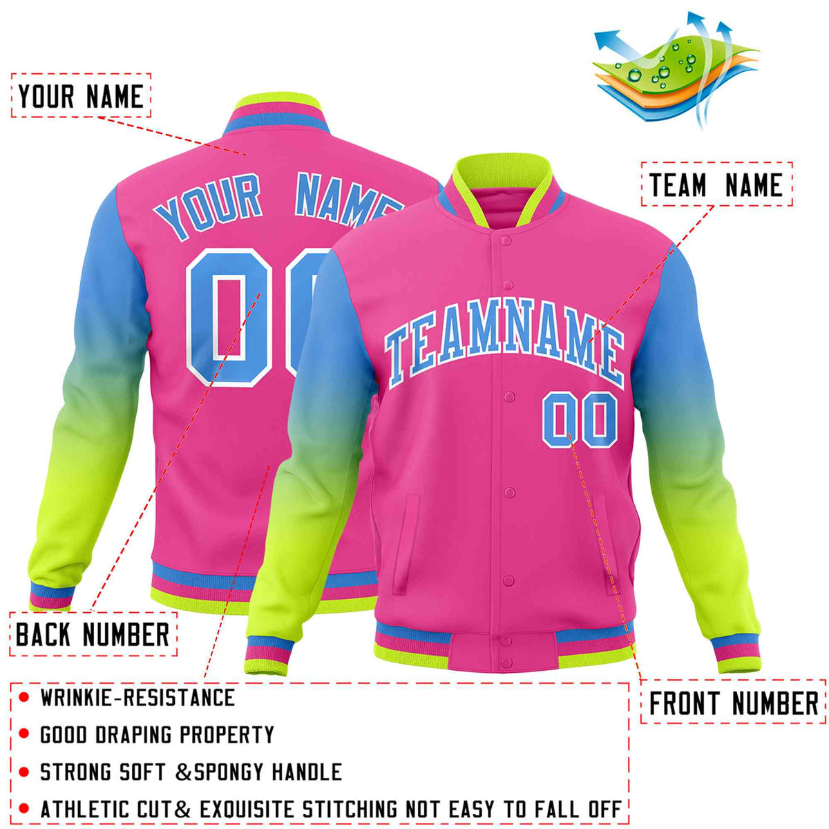 Custom Pink Powder Blue White Full-Snap Varsity Raglan Sleeves Gradient Letterman Jacket