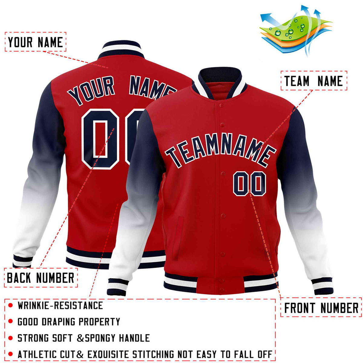 Custom Red Navy White Full-Snap Varsity Raglan Sleeves Gradient Letterman Jacket