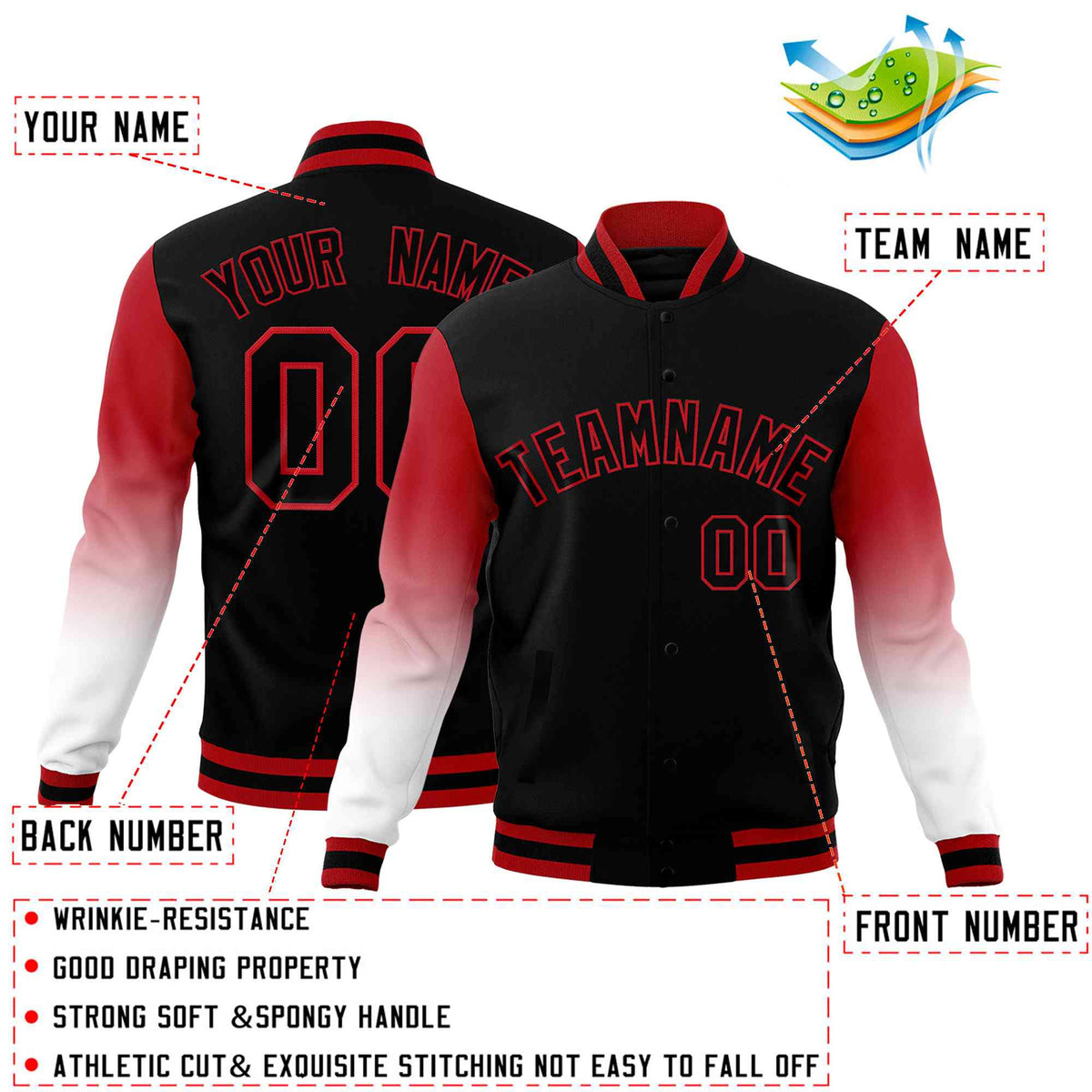 Custom Black White Red Full-Snap Varsity Raglan Sleeves Gradient Letterman Jacket