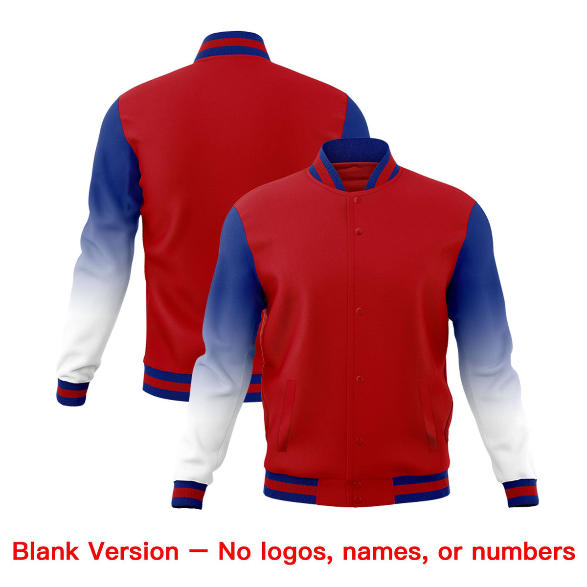 Custom Red Royal Blue White Full-Snap Varsity Raglan Sleeves Gradient Letterman Jacket