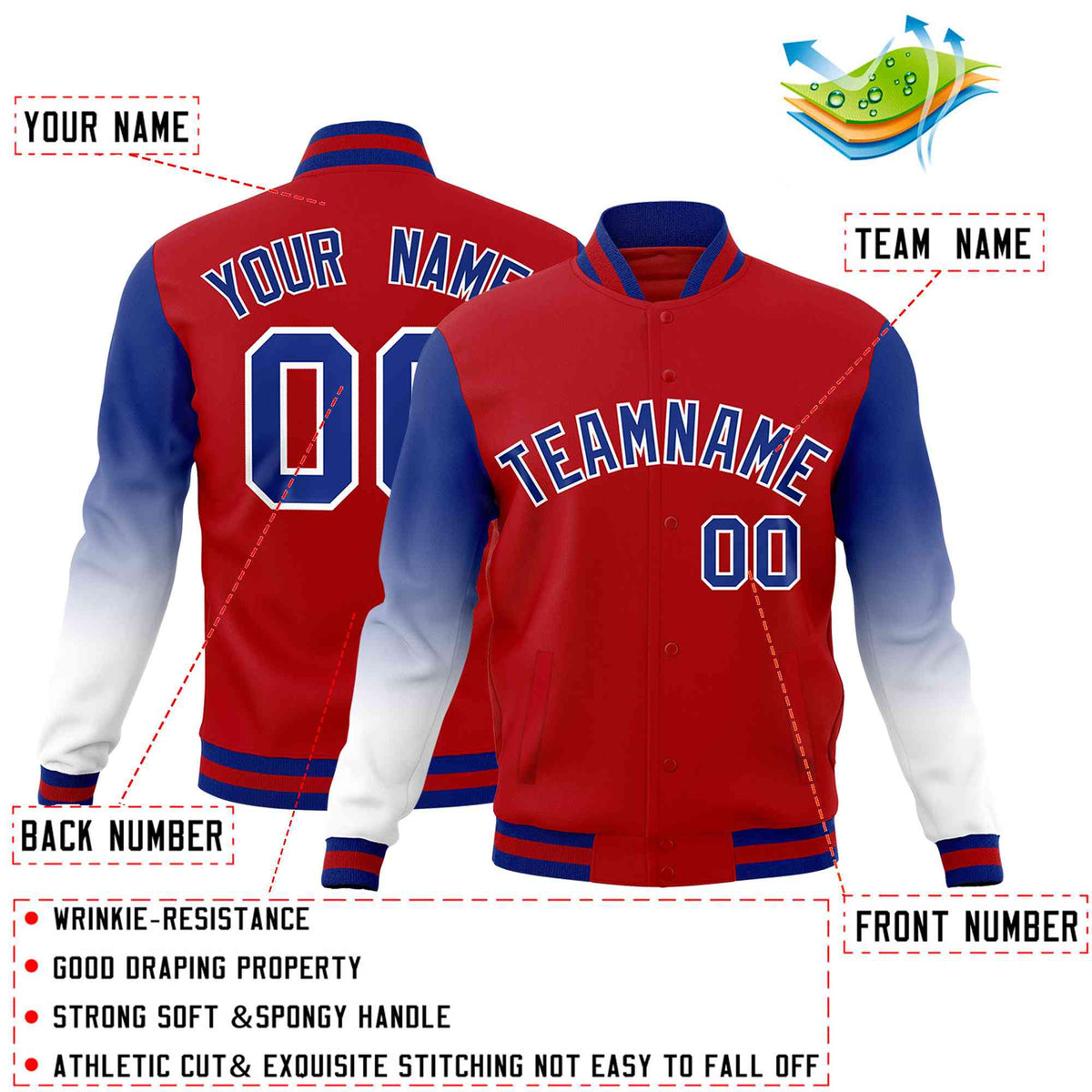 Custom Red Royal Blue White Full-Snap Varsity Raglan Sleeves Gradient Letterman Jacket