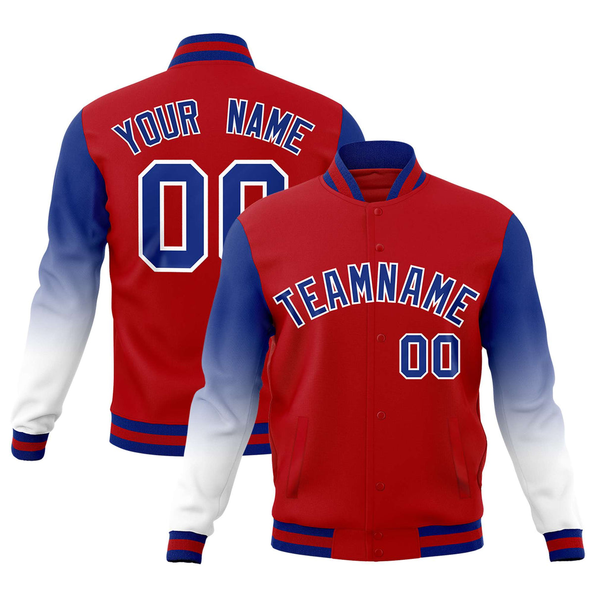 Custom Red Royal Blue White Full-Snap Varsity Raglan Sleeves Gradient Letterman Jacket