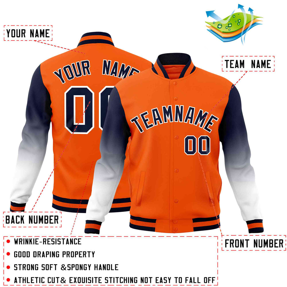 Custom Orange Navy White Full-Snap Varsity Raglan Sleeves Gradient Letterman Jacket