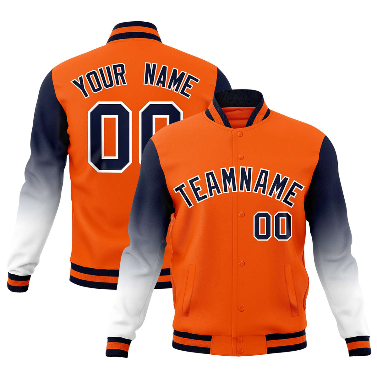 Custom Orange Navy White Full-Snap Varsity Raglan Sleeves Gradient Letterman Jacket