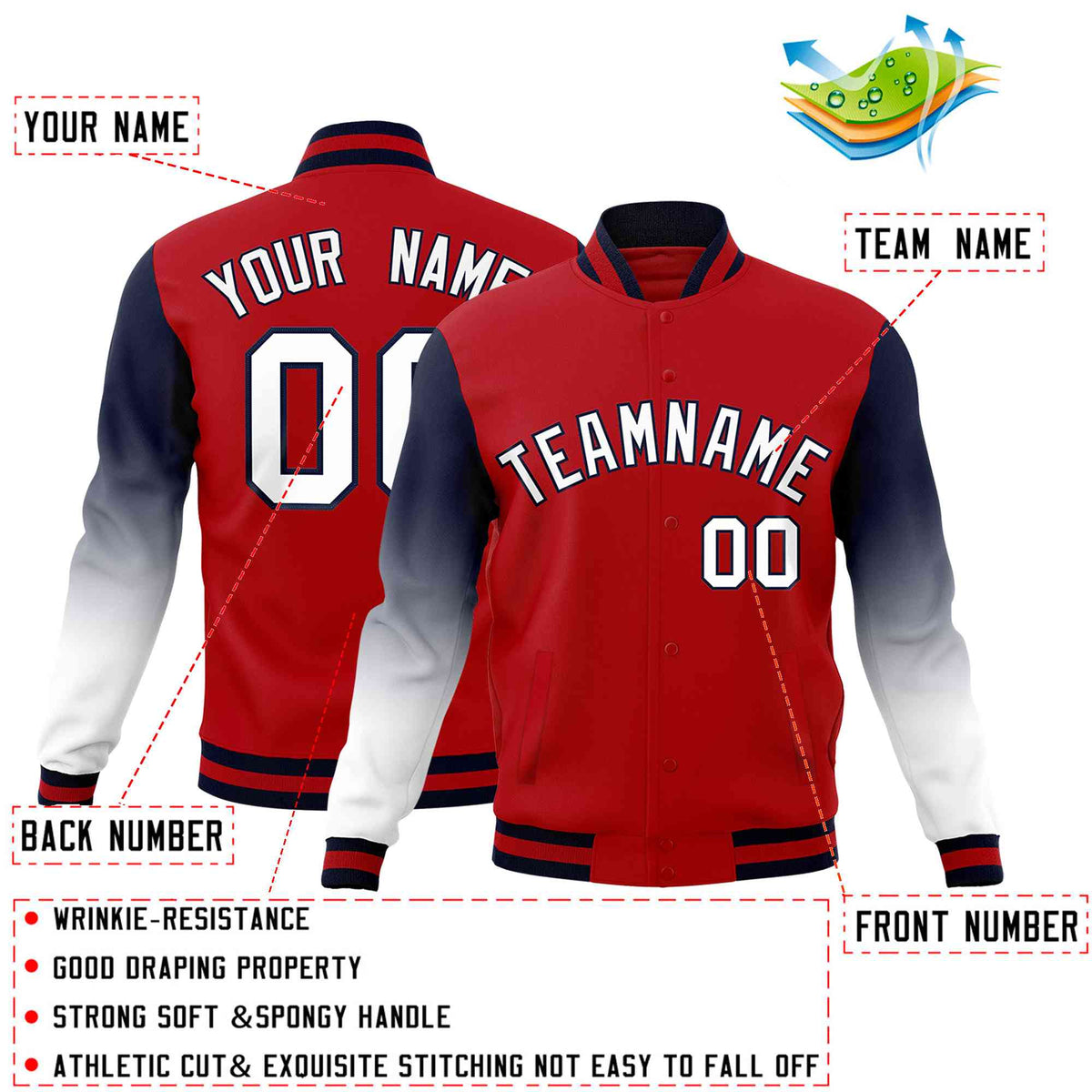 Custom Red White Navy Full-Snap Varsity Raglan Sleeves Gradient Letterman Jacket