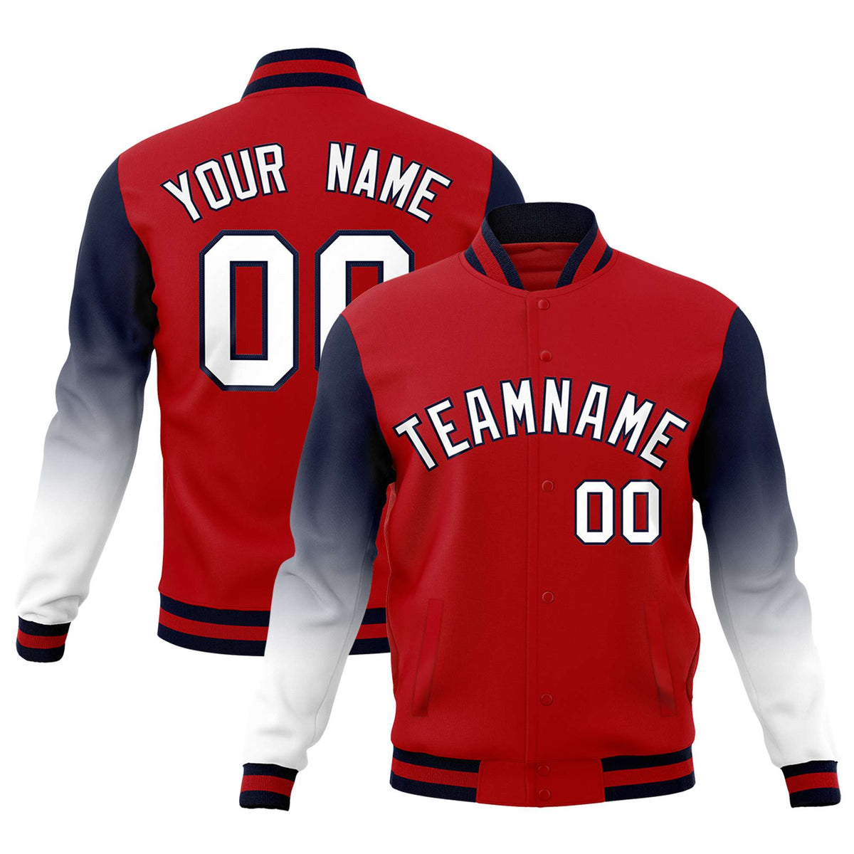 Custom Red White Navy Full-Snap Varsity Raglan Sleeves Gradient Letterman Jacket