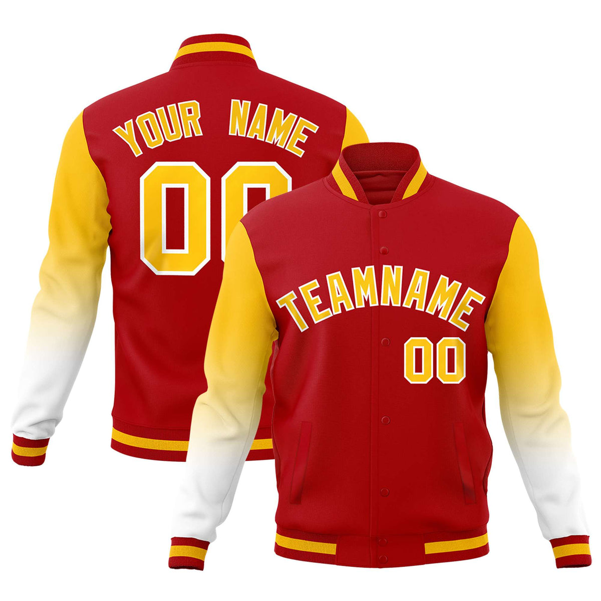 Custom Red Gold White Full-Snap Varsity Raglan Sleeves Gradient Letterman Jacket