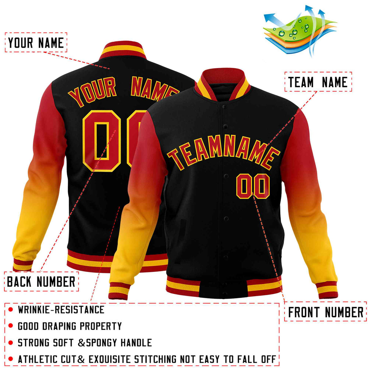 Custom Black Red Gold Full-Snap Varsity Raglan Sleeves Gradient Letterman Jacket