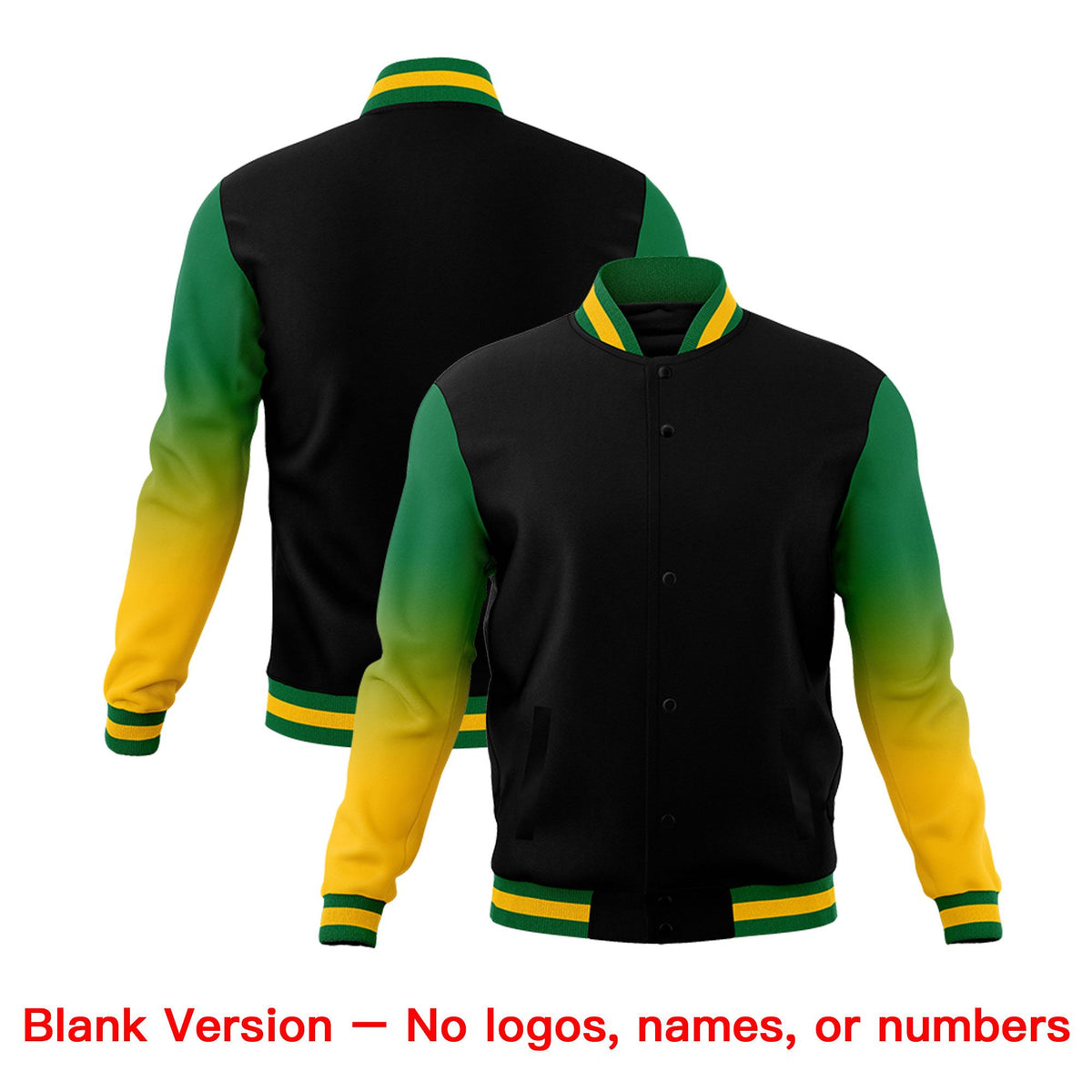 Custom Black Kelly Green Gold Full-Snap Varsity Raglan Sleeves Gradient Letterman Jacket