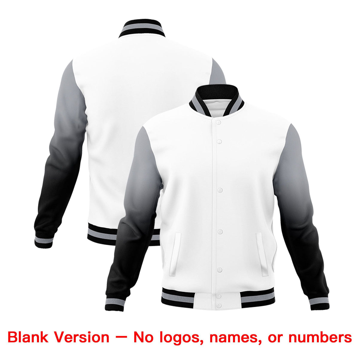 Custom White Black Gray Full-Snap Varsity Raglan Sleeves Gradient Letterman Jacket