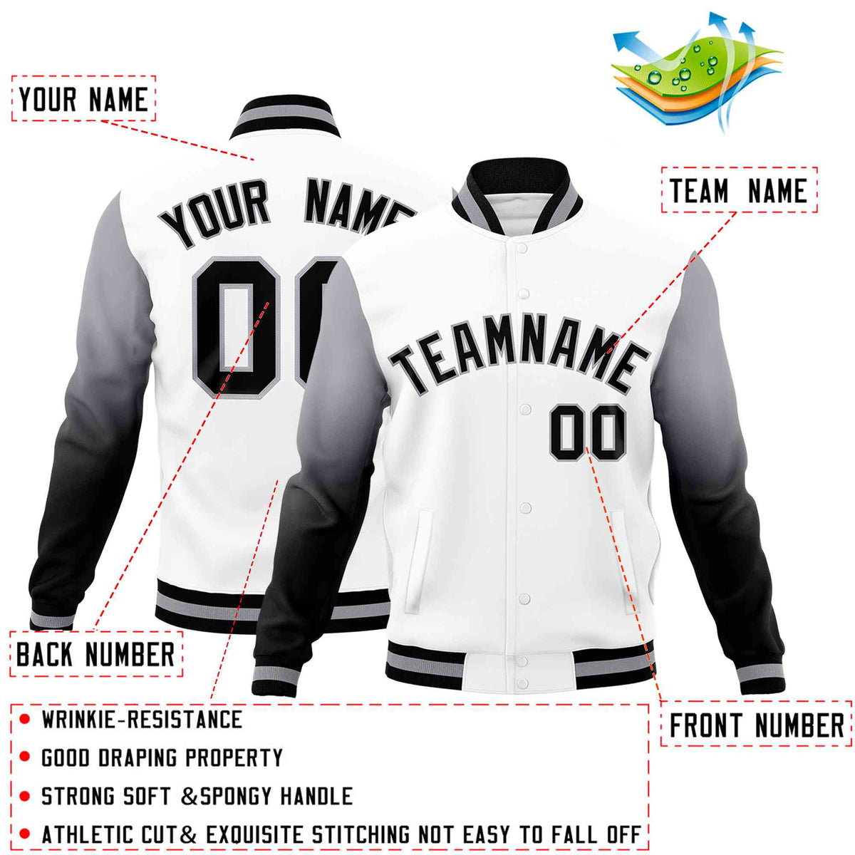 Custom White Black Gray Full-Snap Varsity Raglan Sleeves Gradient Letterman Jacket