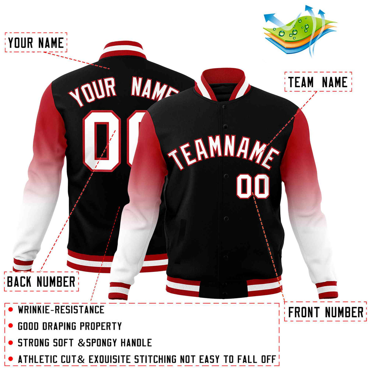 Custom Black White Red Full-Snap Varsity Raglan Sleeves Gradient Letterman Jacket