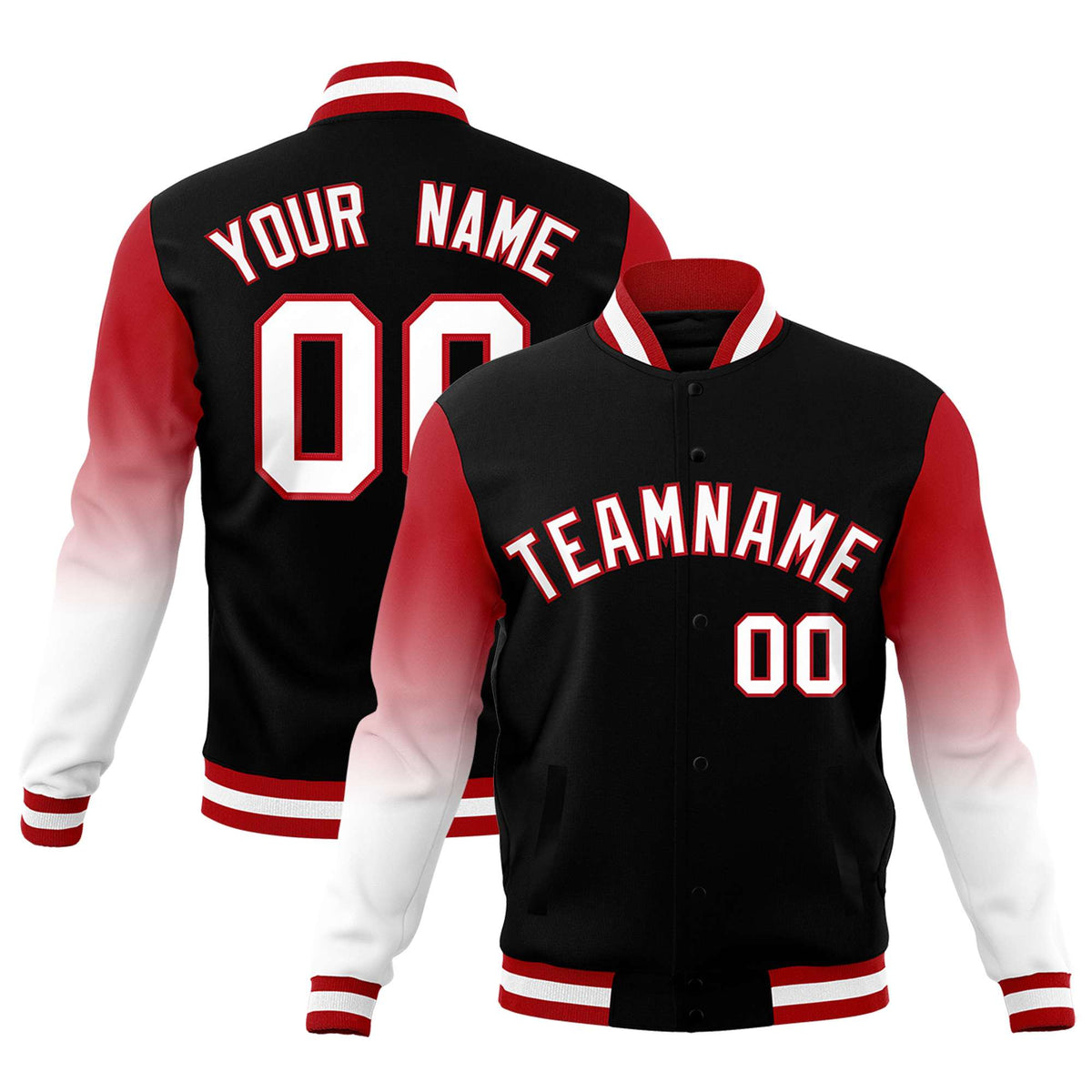 Custom Black White Red Full-Snap Varsity Raglan Sleeves Gradient Letterman Jacket