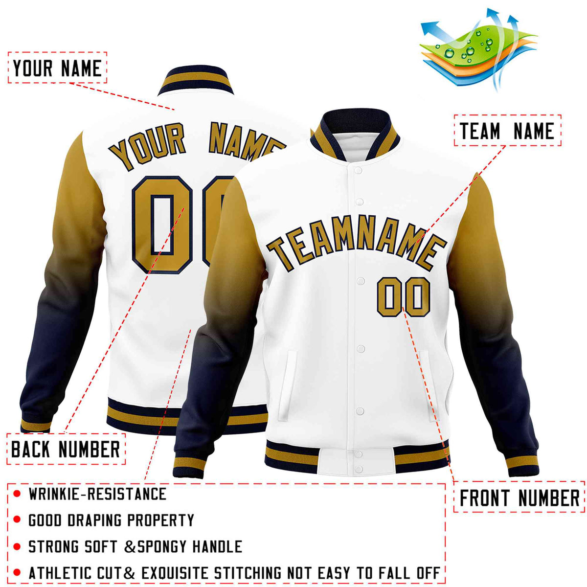 Custom White Old Gold Navy Full-Snap Varsity Raglan Sleeves Gradient Letterman Jacket