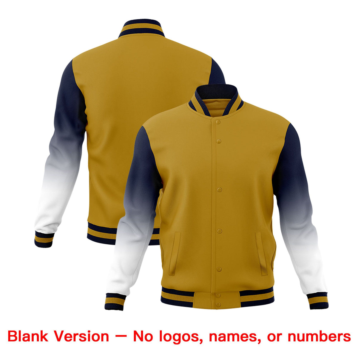 Custom Old Gold Navy White Full-Snap Varsity Raglan Sleeves Gradient Letterman Jacket