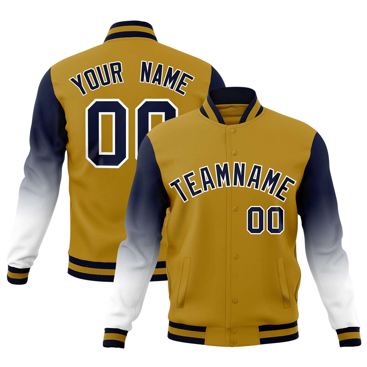 Custom Old Gold Navy White Full-Snap Varsity Raglan Sleeves Gradient Letterman Jacket