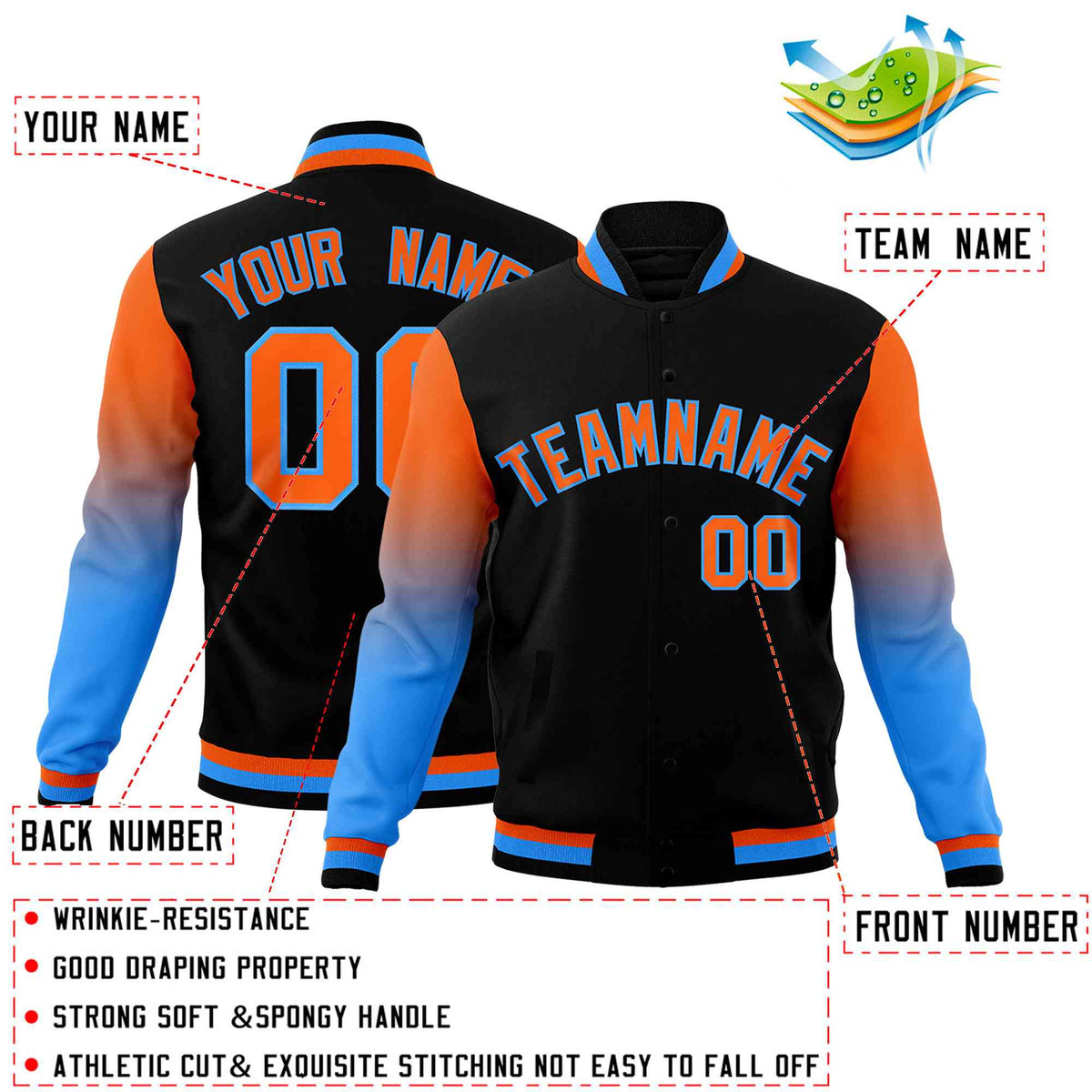Custom Black Orange Powder Blue Full-Snap Varsity Raglan Sleeves Gradient Letterman Jacket