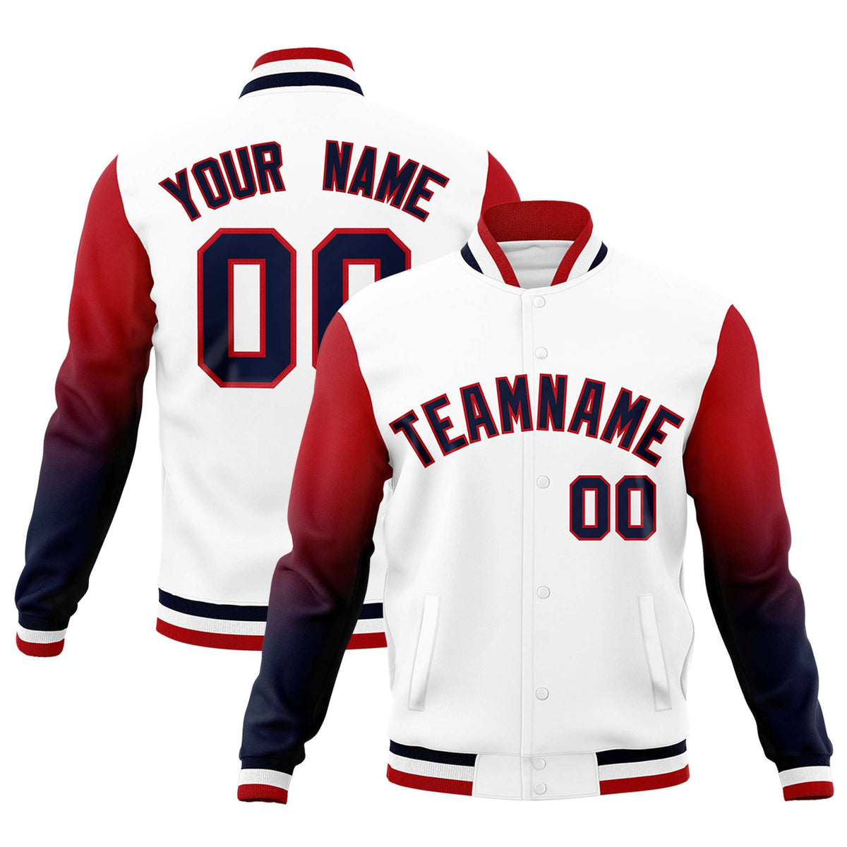 Custom White Navy Red Full-Snap Varsity Raglan Sleeves Gradient Letterman Jacket