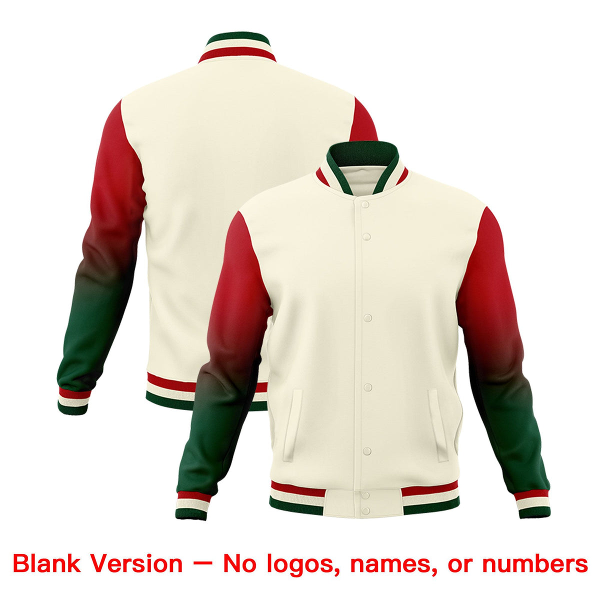 Custom Cream Green Red Full-Snap Varsity Raglan Sleeves Gradient Letterman Jacket