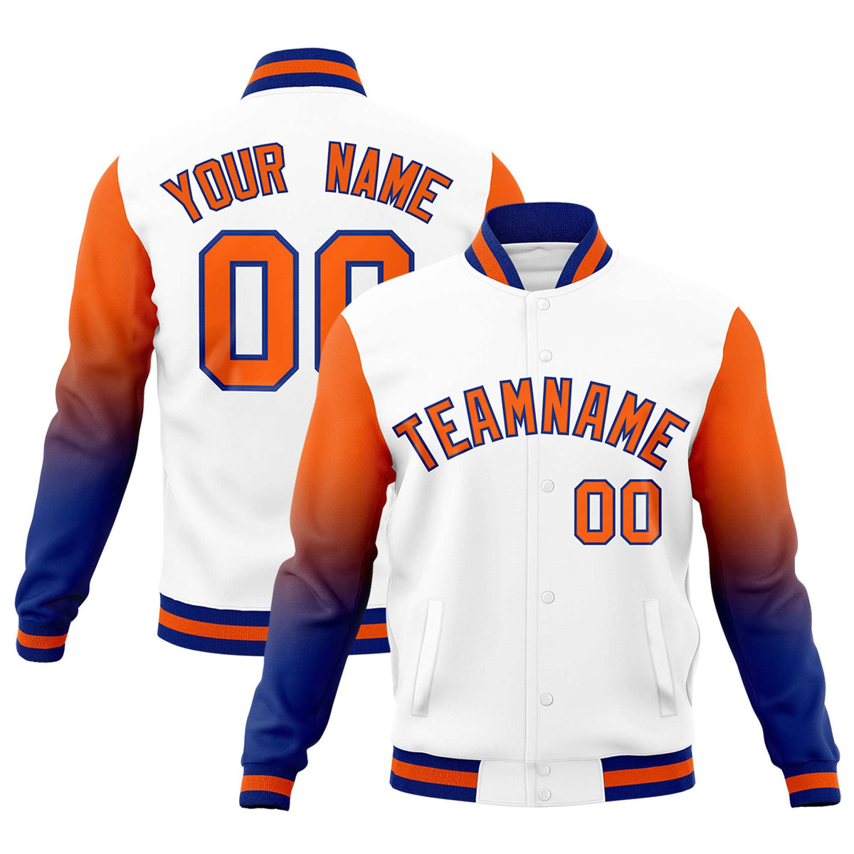 Custom White Orange Royal Blue Full-Snap Varsity Raglan Sleeves Gradient Letterman Jacket