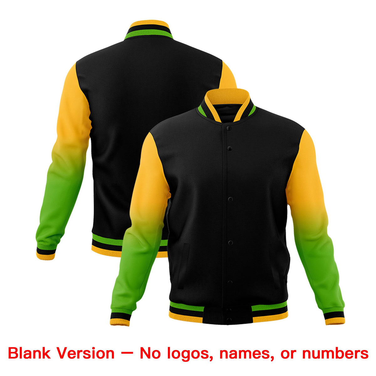 Custom Black Green White Full-Snap Varsity Raglan Sleeves Gradient Letterman Jacket