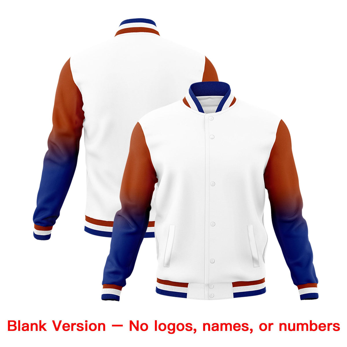 Custom White Royal Blue Dark Orange Full-Snap Varsity Raglan Sleeves Gradient Letterman Jacket