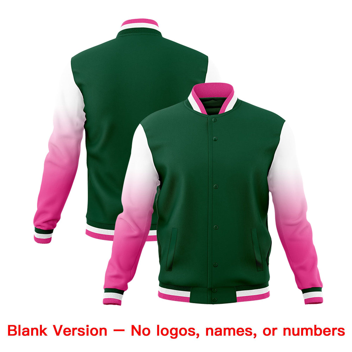 Custom Green Pink White Full-Snap Varsity Raglan Sleeves Gradient Letterman Jacket