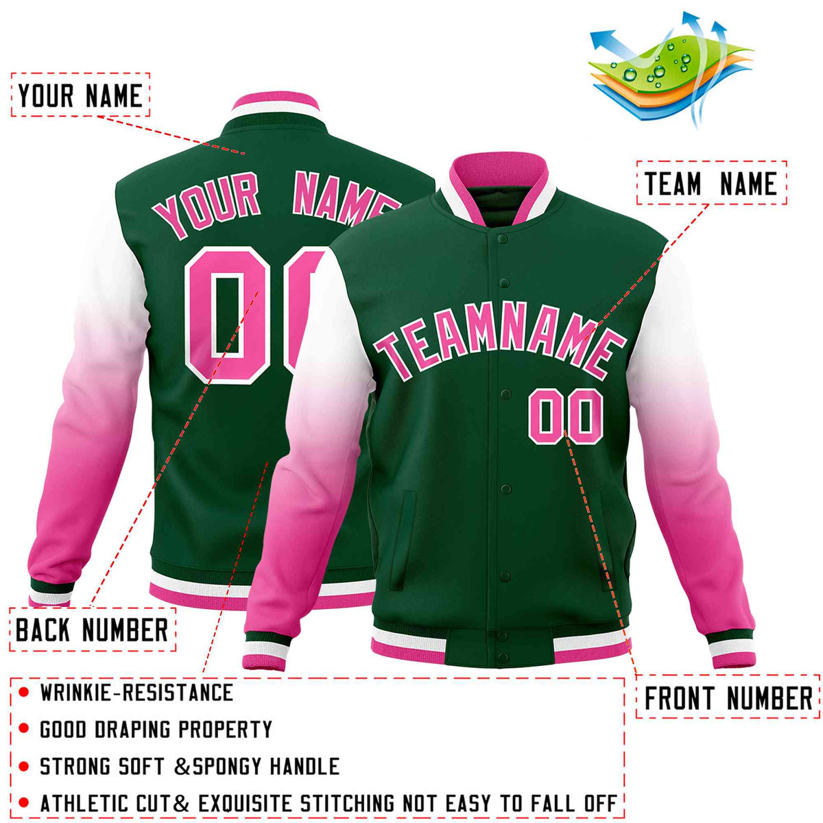 Custom Green Pink White Full-Snap Varsity Raglan Sleeves Gradient Letterman Jacket