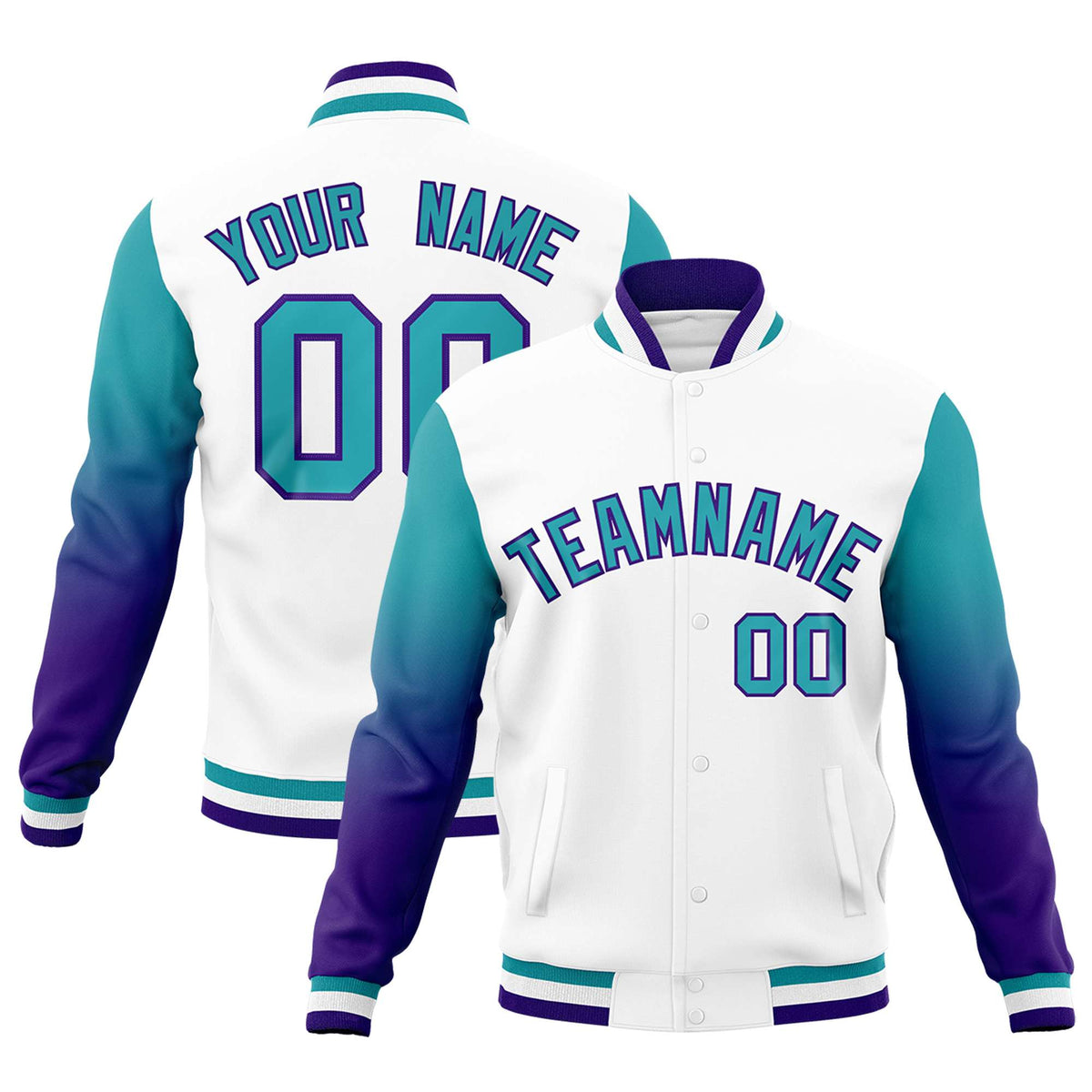 Custom White Aqua Purple Full-Snap Varsity Raglan Sleeves Gradient Letterman Jacket