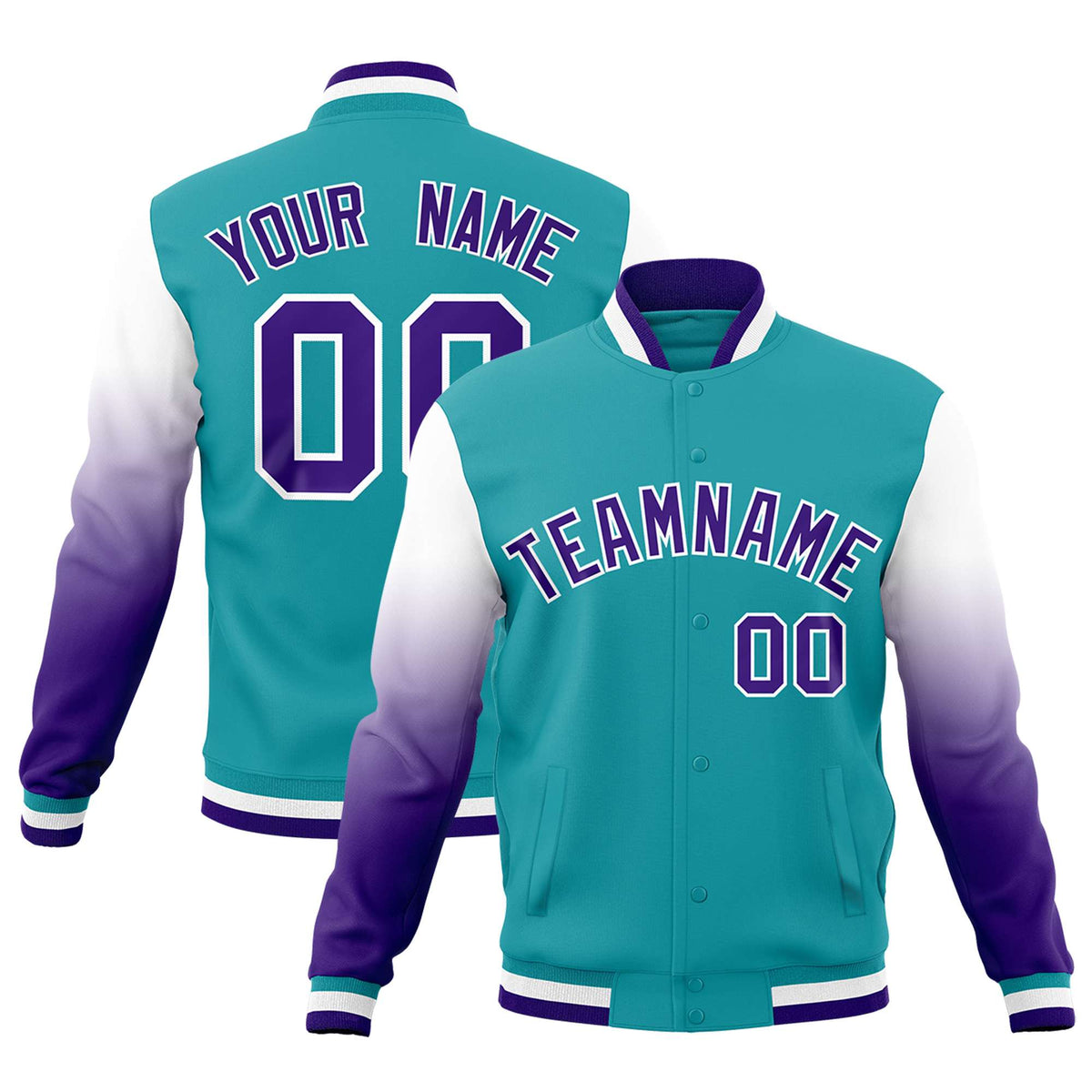 Custom Aqua Purple White Full-Snap Varsity Raglan Sleeves Gradient Letterman Jacket