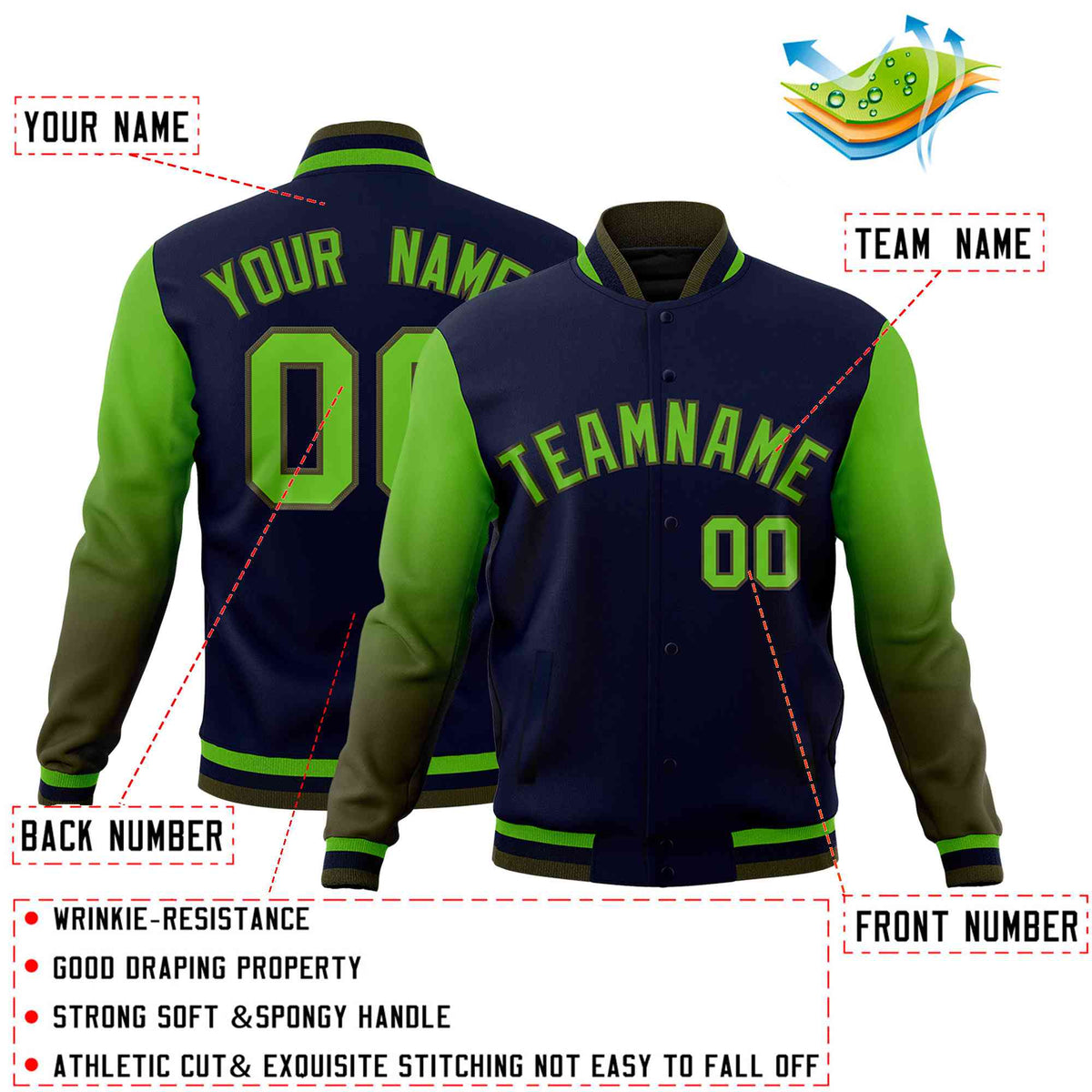 Custom Navy Green Olive Full-Snap Varsity Raglan Sleeves Gradient Letterman Jacket