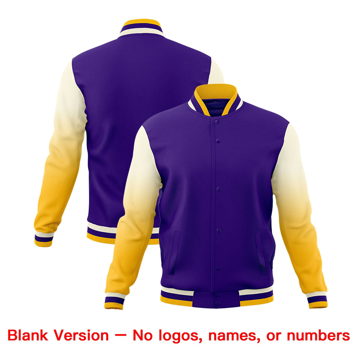 Custom Purple Gold White Full-Snap Varsity Raglan Sleeves Gradient Letterman Jacket